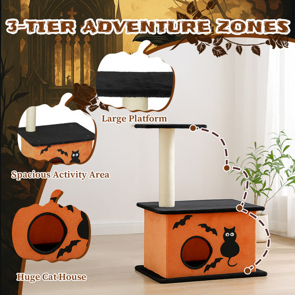 Halloween Cat Tree Tower – Orange & Black Cat Condo with Scratching Posts