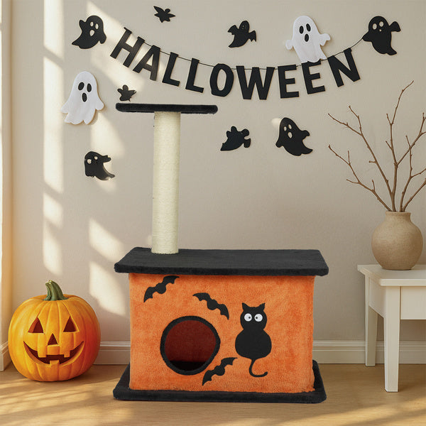 Halloween Cat Tree Tower – Orange & Black Cat Condo with Scratching Posts