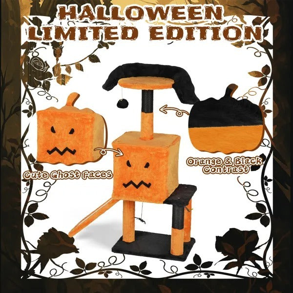 Halloween Cat Tree – Orange & Black Cat Tower with Condo & Scratching Posts
