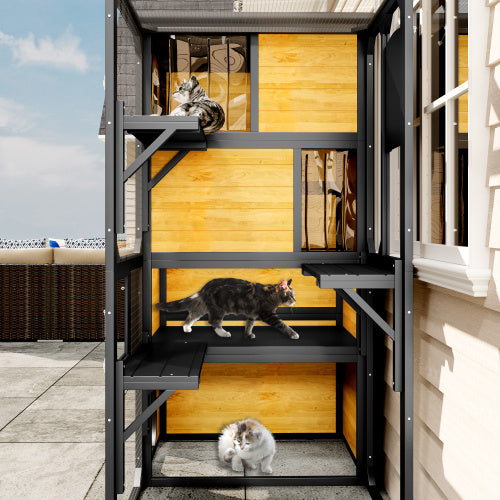 Cat House Weatherproof Attached To Window For Multiple Cats With Platforms And Resting Rooms, Brown