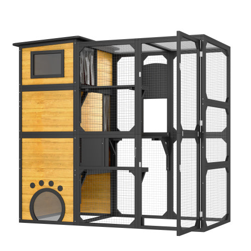 Cat House Weatherproof Attached To Window For Multiple Cats With Platforms And Resting Rooms, Brown