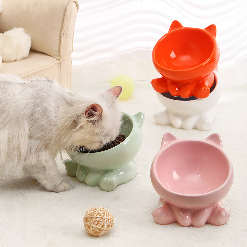 Elevated Ceramic Cat Bowl (Tilted Design) – Neck Guard Food Feeder for Cats & Small Dogs