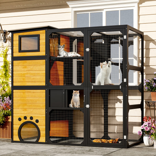 Cat House Weatherproof Attached To Window For Multiple Cats With Platforms And Resting Rooms, Brown
