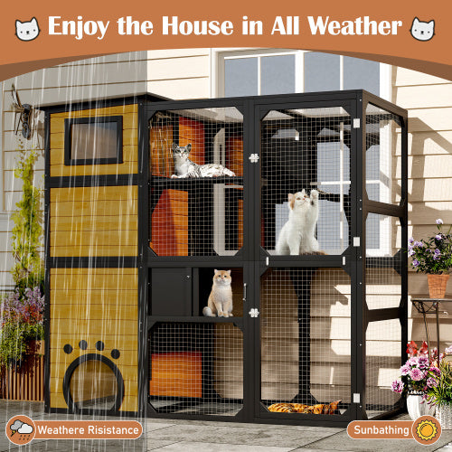 Cat House Weatherproof Attached To Window For Multiple Cats With Platforms And Resting Rooms, Brown