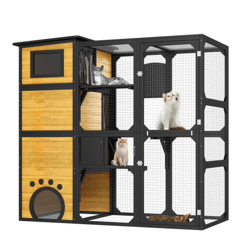 Cat House Weatherproof Attached To Window For Multiple Cats With Platforms And Resting Rooms, Brown