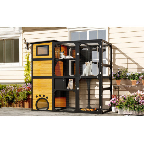 Cat House Weatherproof Attached To Window For Multiple Cats With Platforms And Resting Rooms, Brown
