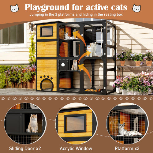 Cat House Weatherproof Attached To Window For Multiple Cats With Platforms And Resting Rooms, Brown
