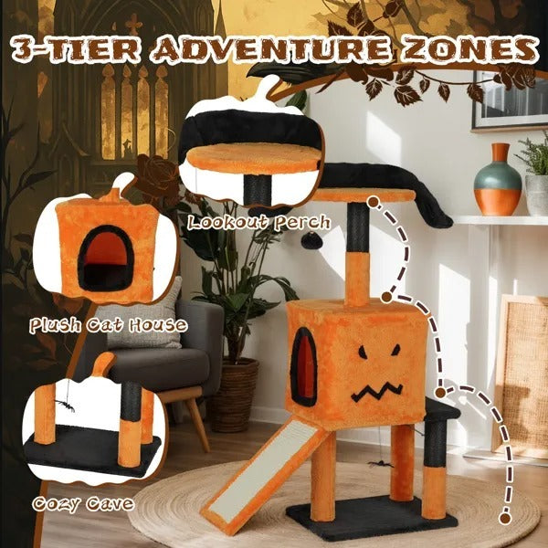 Halloween Cat Tree – Orange & Black Cat Tower with Condo & Scratching Posts