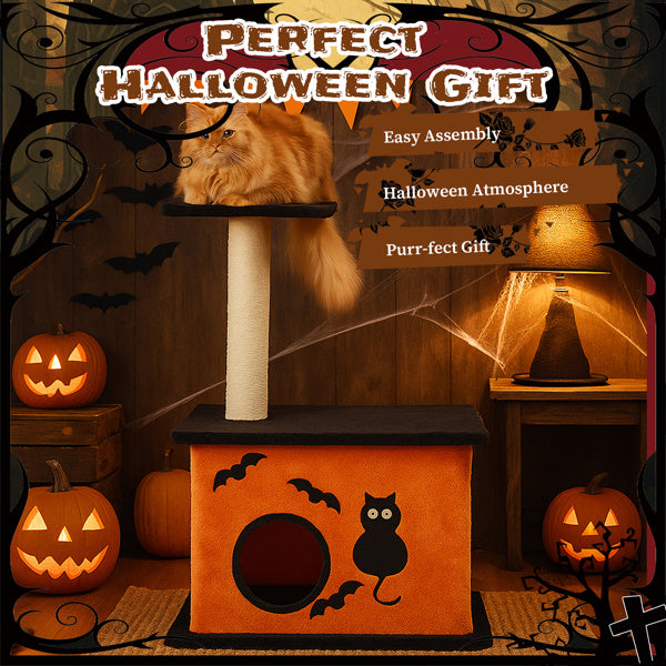 Halloween Cat Tree Tower – Orange & Black Cat Condo with Scratching Posts