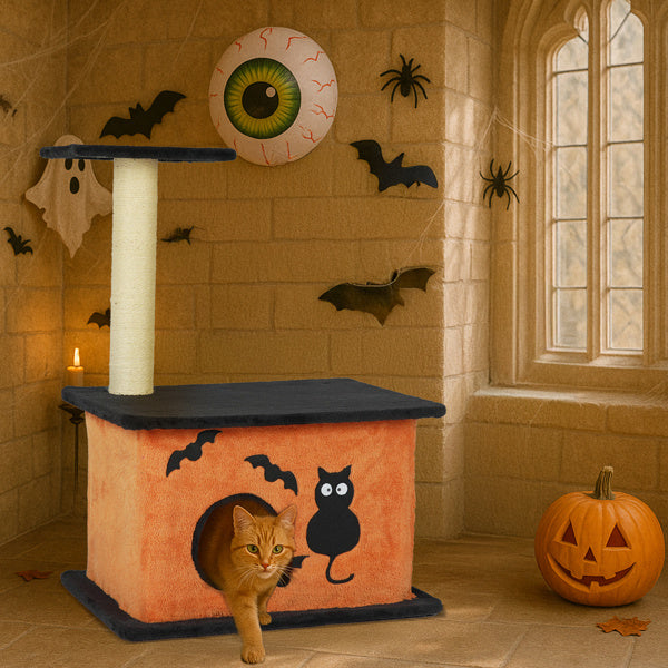 Halloween Cat Tree Tower – Orange & Black Cat Condo with Scratching Posts
