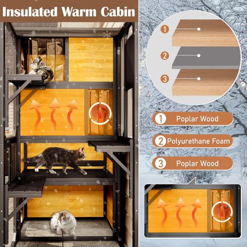 Cat House Weatherproof Attached To Window For Multiple Cats With Platforms And Resting Rooms, Brown